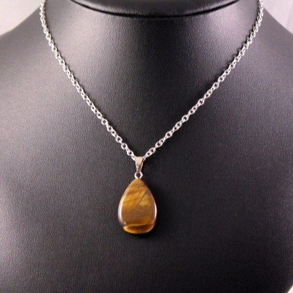 Natural Tigers Eye Teardrop Pendant Necklace - Picture 2 of 6